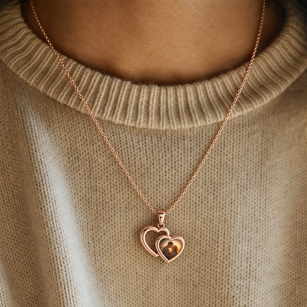 The Memory Necklace - Double Heart pendant, Rose Gold
